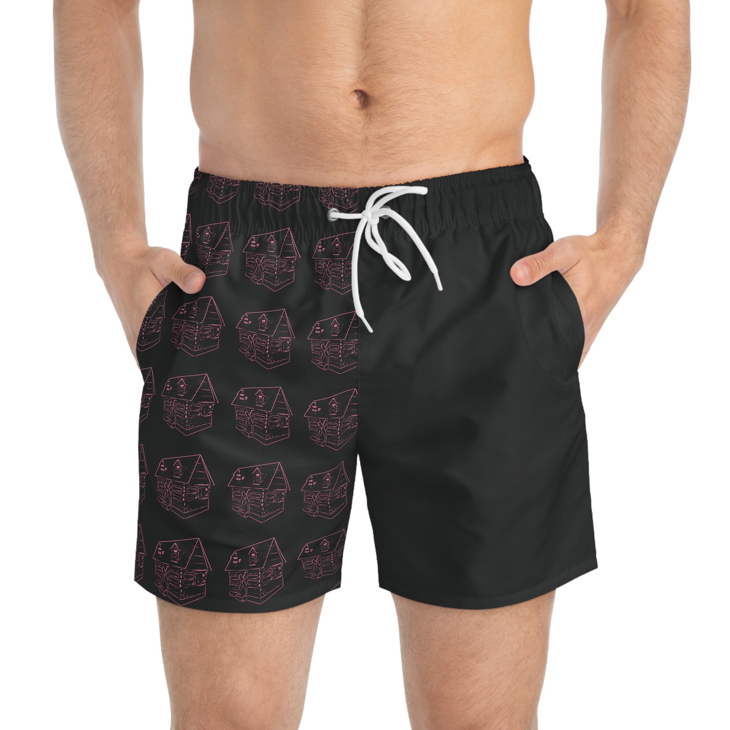 Bando Pattern Swim Trunks | Black Pink AOP Shorts